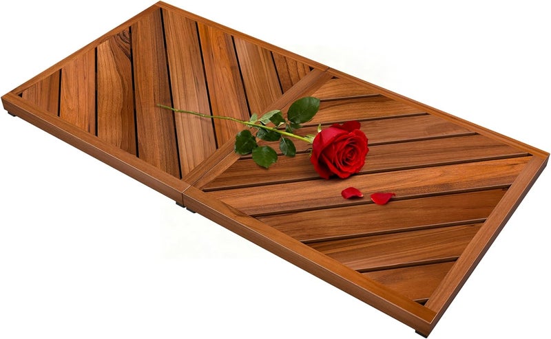 promitop Teak Wood Bath Mat for Bathroom - (33" x 16.5") Anti Slip Square Shower Mat Wooden Floor Mats for Outside Inside Shower Bathtub Luxury Spa Home or Outdoor - Image 1
